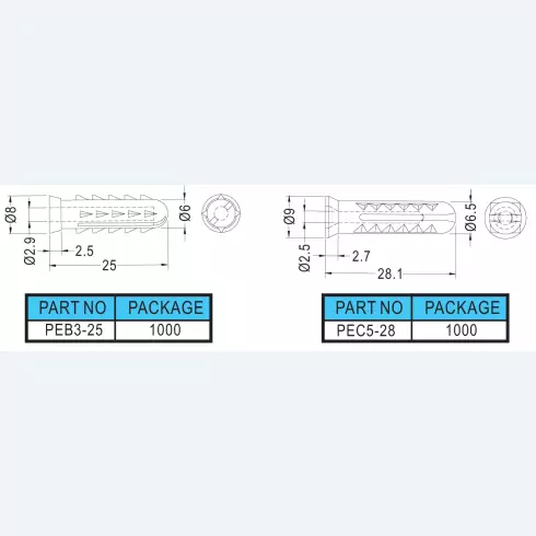 Plastic Conical Anchors PEB3-25, PEC5-28
